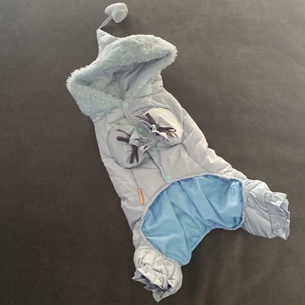 Dog Coat Puffer Jacket Blue with Cute Pom on Hood Size L NEW